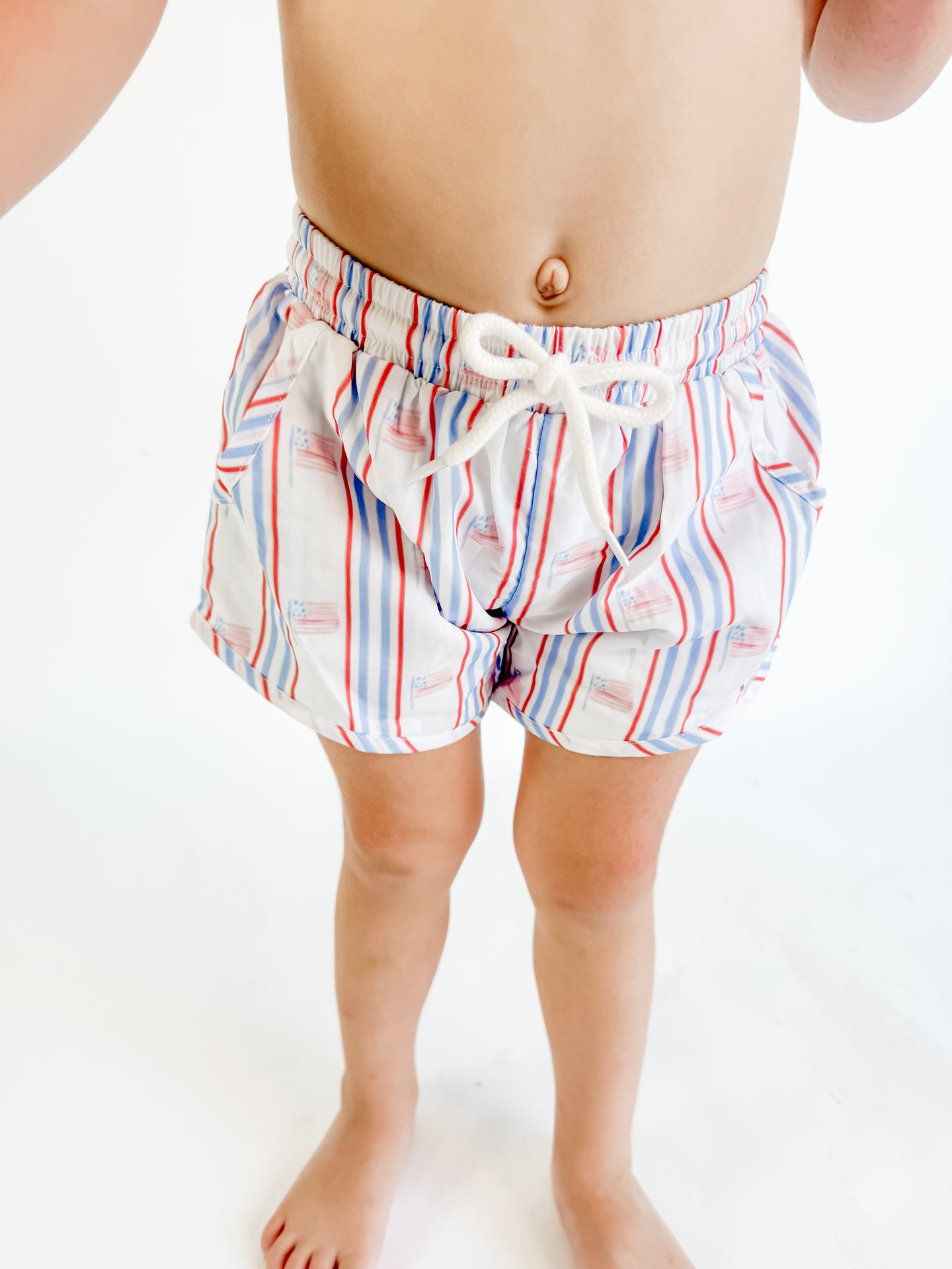 Boys Sweet Stars and Special Stripes; Patriotic Watercolor Printed Swim Trunks