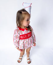 Load image into Gallery viewer, Girls Merry Belle Mistletoe Name Smocked Bubble
