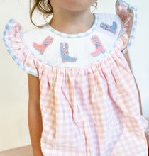 Load image into Gallery viewer, Girls Boot Scootin’ &amp; Bows; Pink Check Smocked Cowgirl Boots Dress
