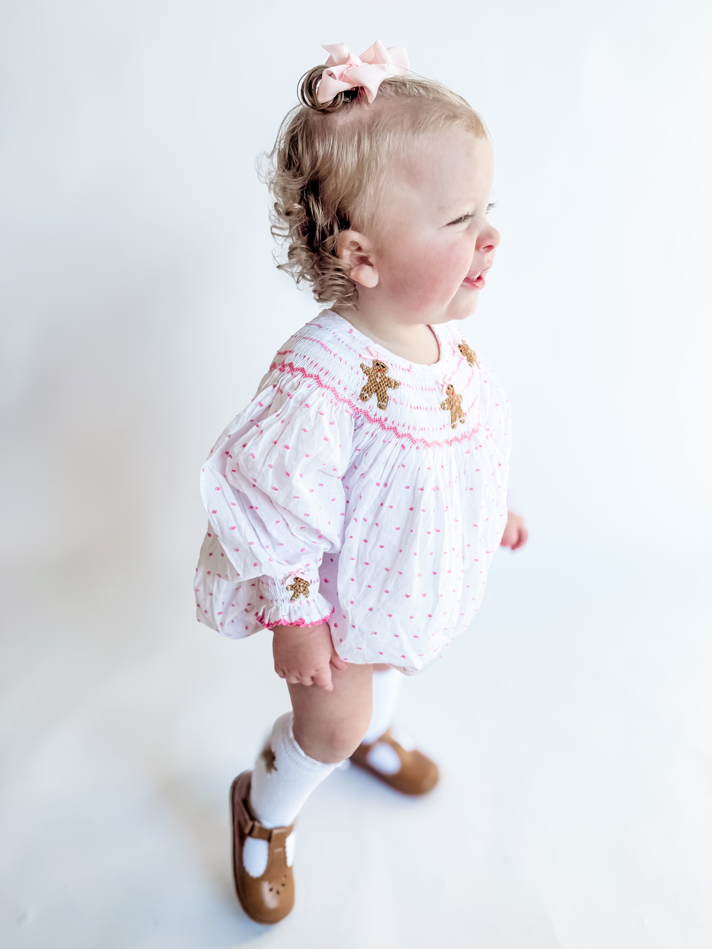 Girls Gingerbread Giggles Smocked Swiss Dot Bubble