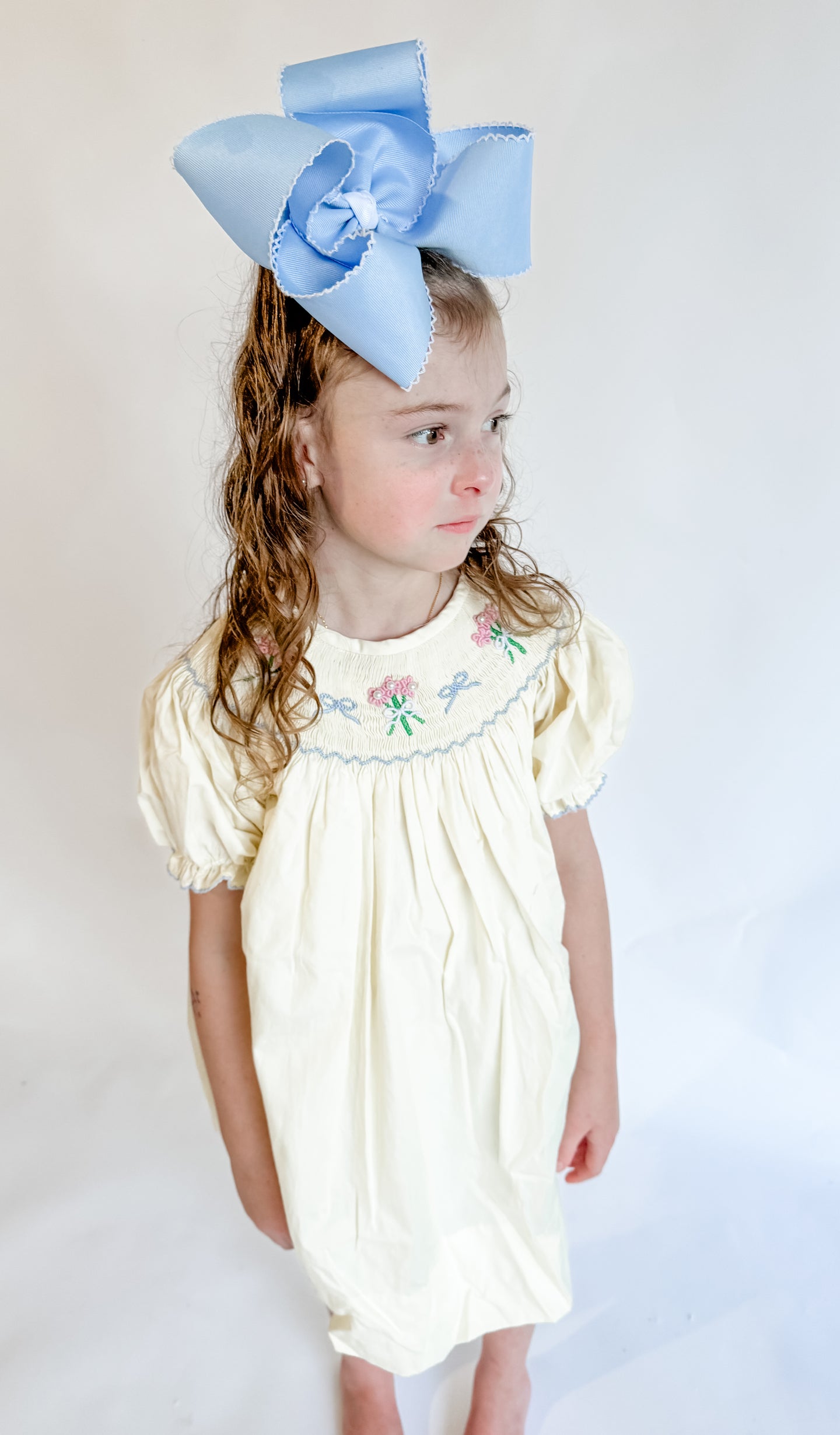 Girls Something Blue; Pale Yellow Smocked Floral Bouquet Dress