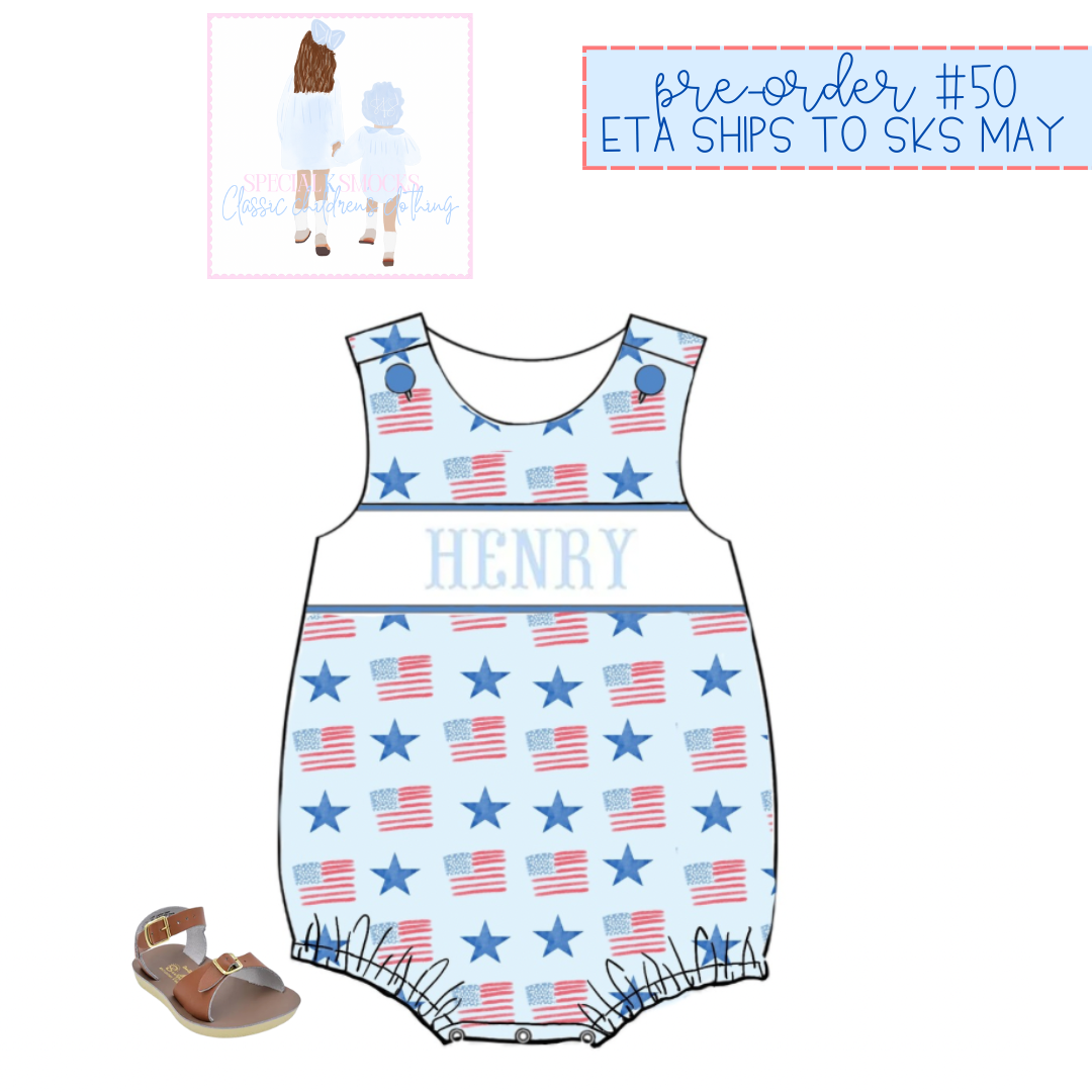 Boys America the Bowtiful Name Smocked Bubble Pre-Order