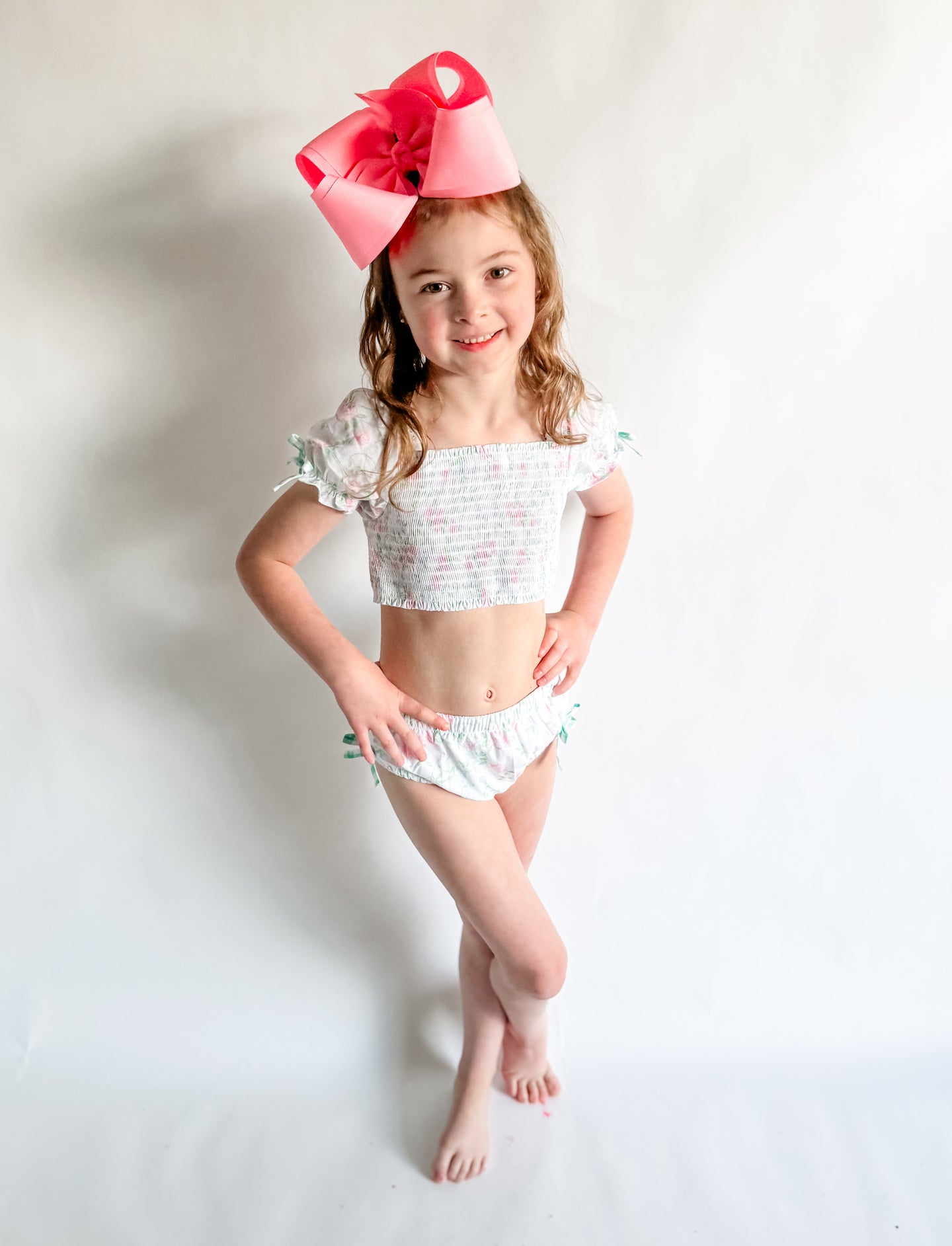 Girls Fancy Me Spring; Floral Smocked Two Piece Swimsuit