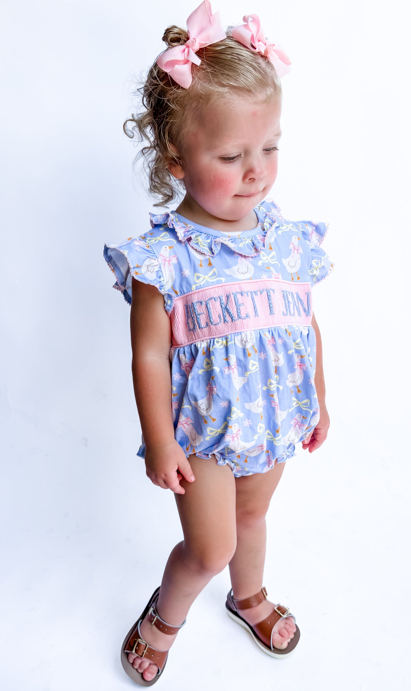 Girls Sunkissed Silly Goose Print Smocked Bubble ALL PINK SMOCKING PLATE