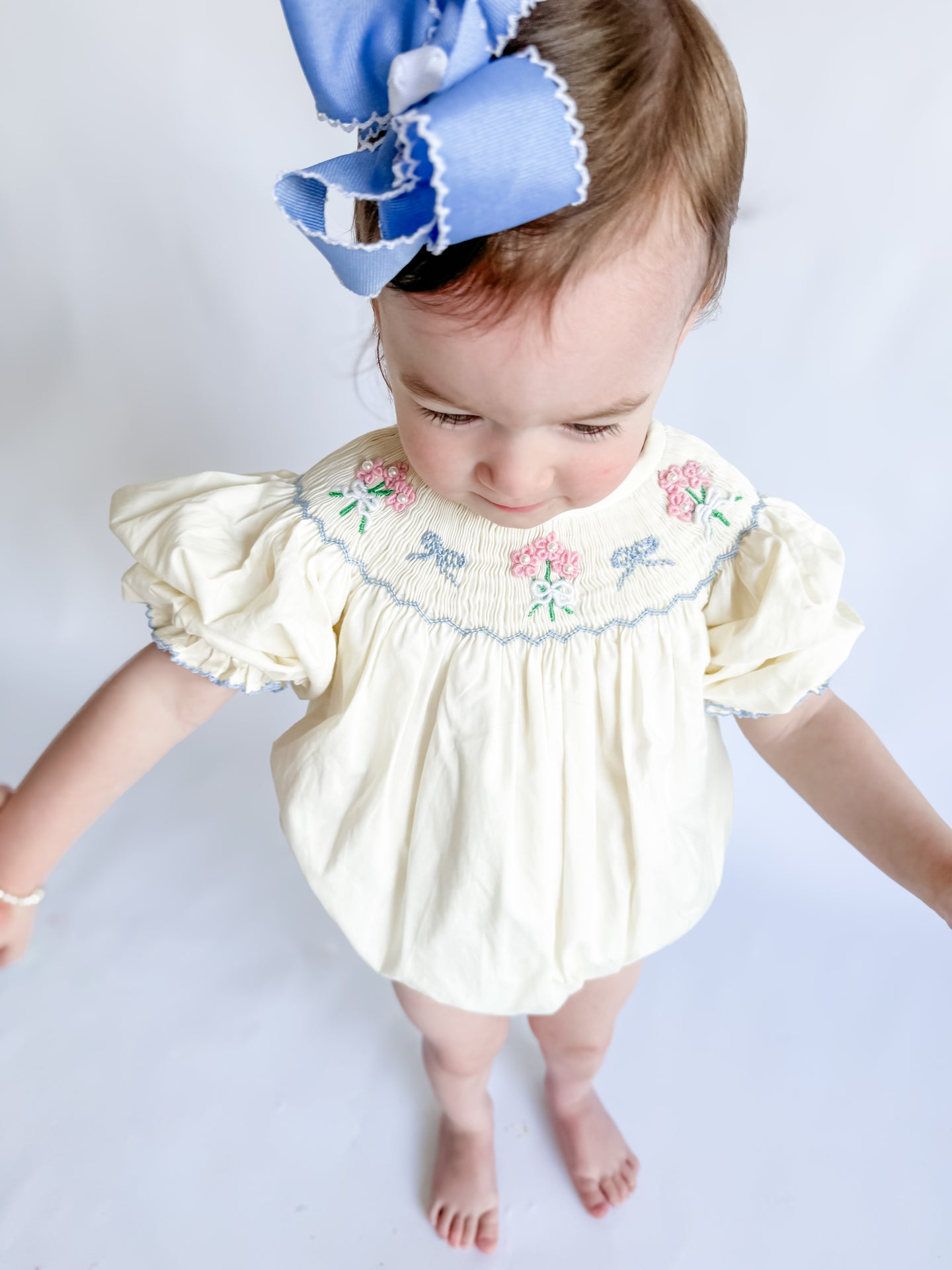 Girls Something Blue; Pale Yellow Smocked Floral Bouquet Bubble