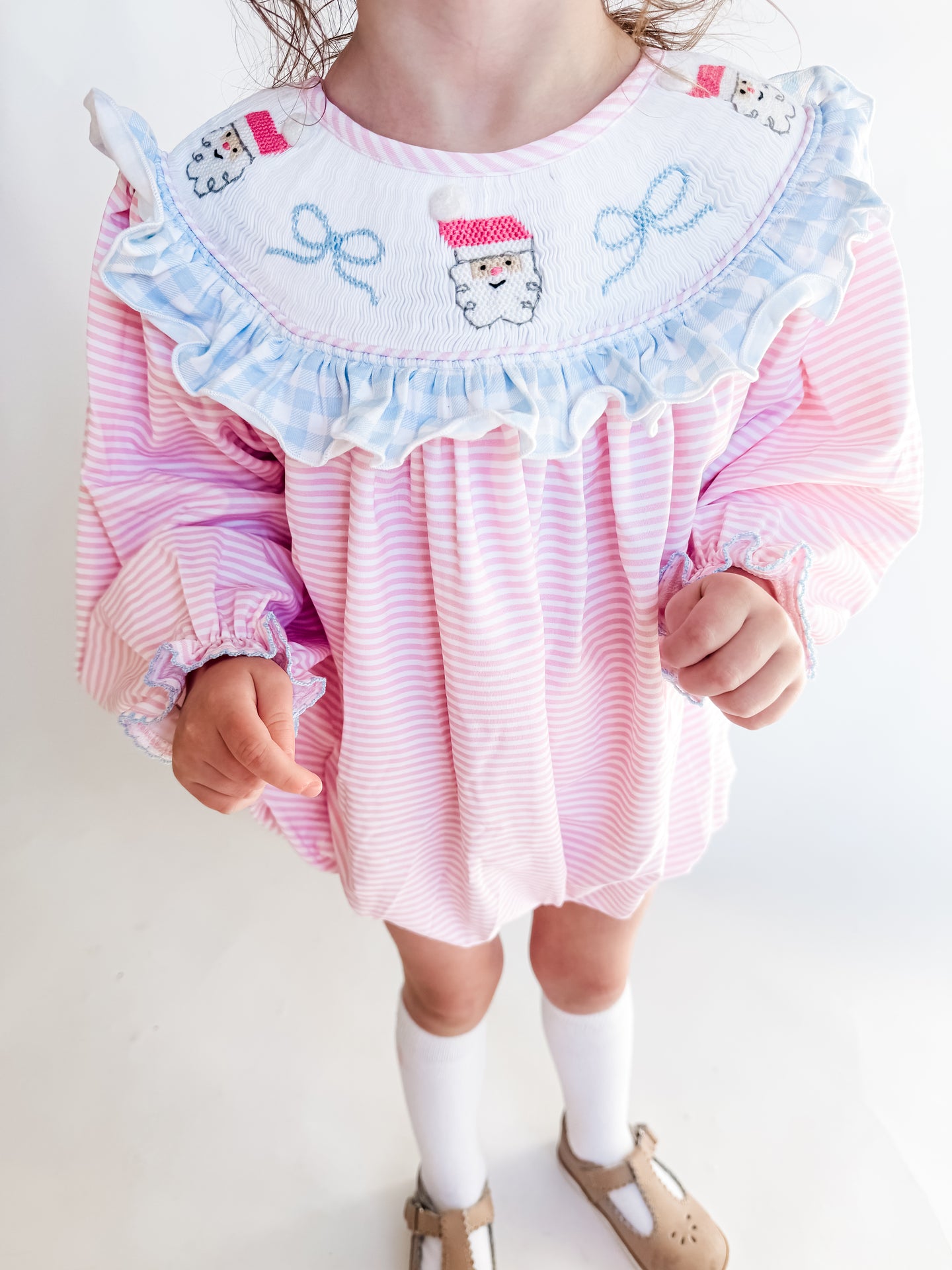 Girls Santa’s Sweet Escape Knit Pink Stripe Santa & Bow Smocked Bubble