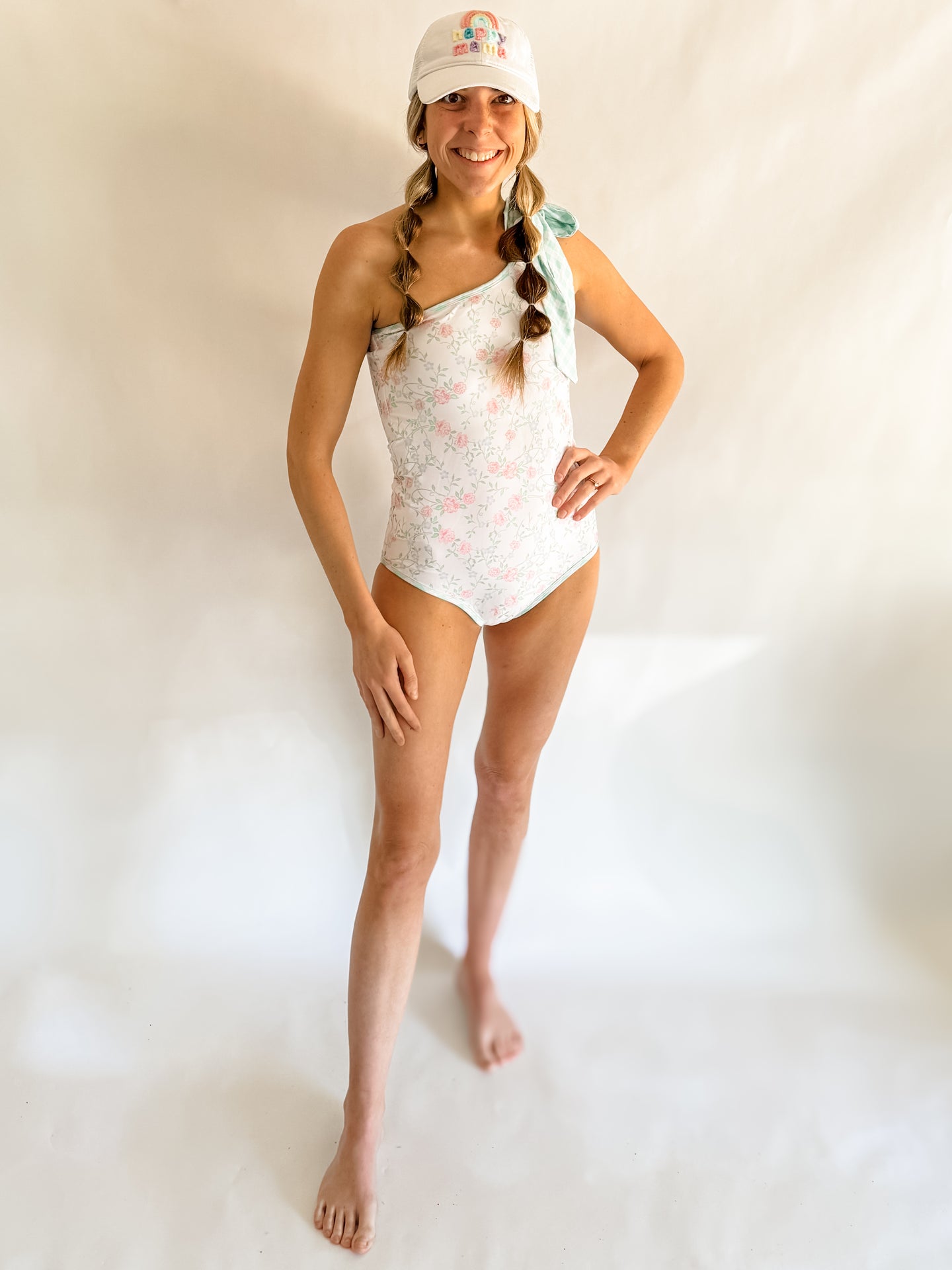 Mom Fancy Me Spring; Floral One Piece Shoulder Tie Swimsuit