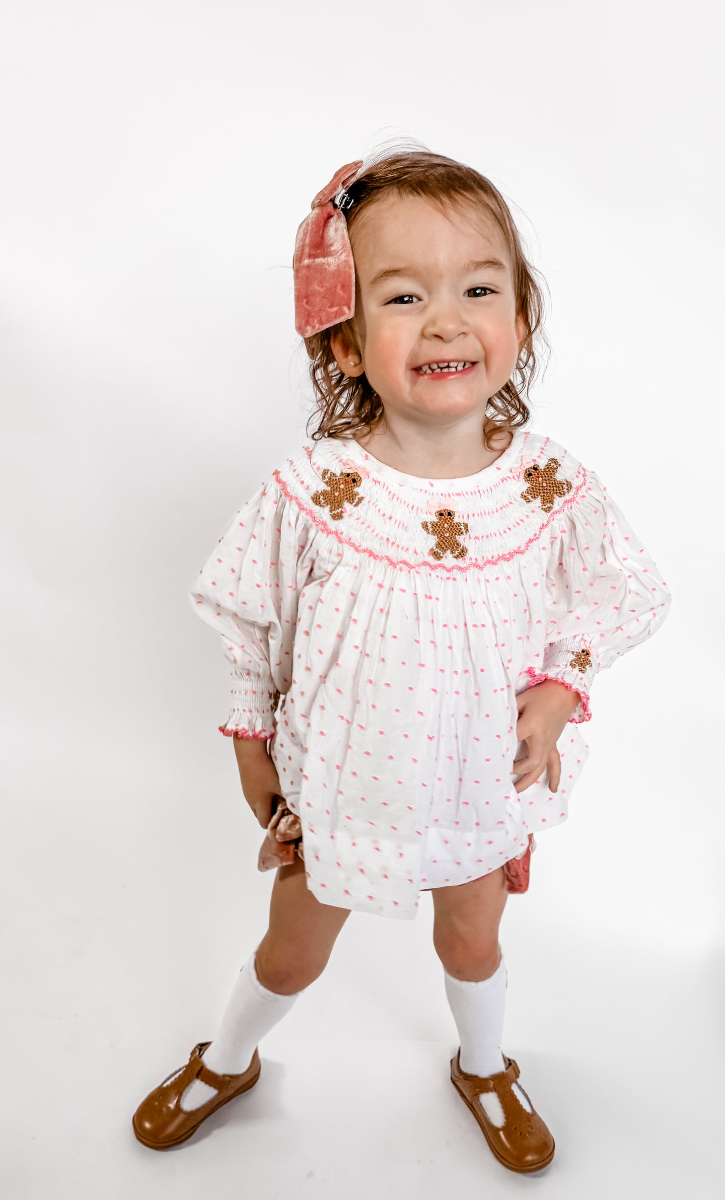 Girls Gingerbread Giggles Swiss Dot Smocked Gingerbread Velvet Diaper Set