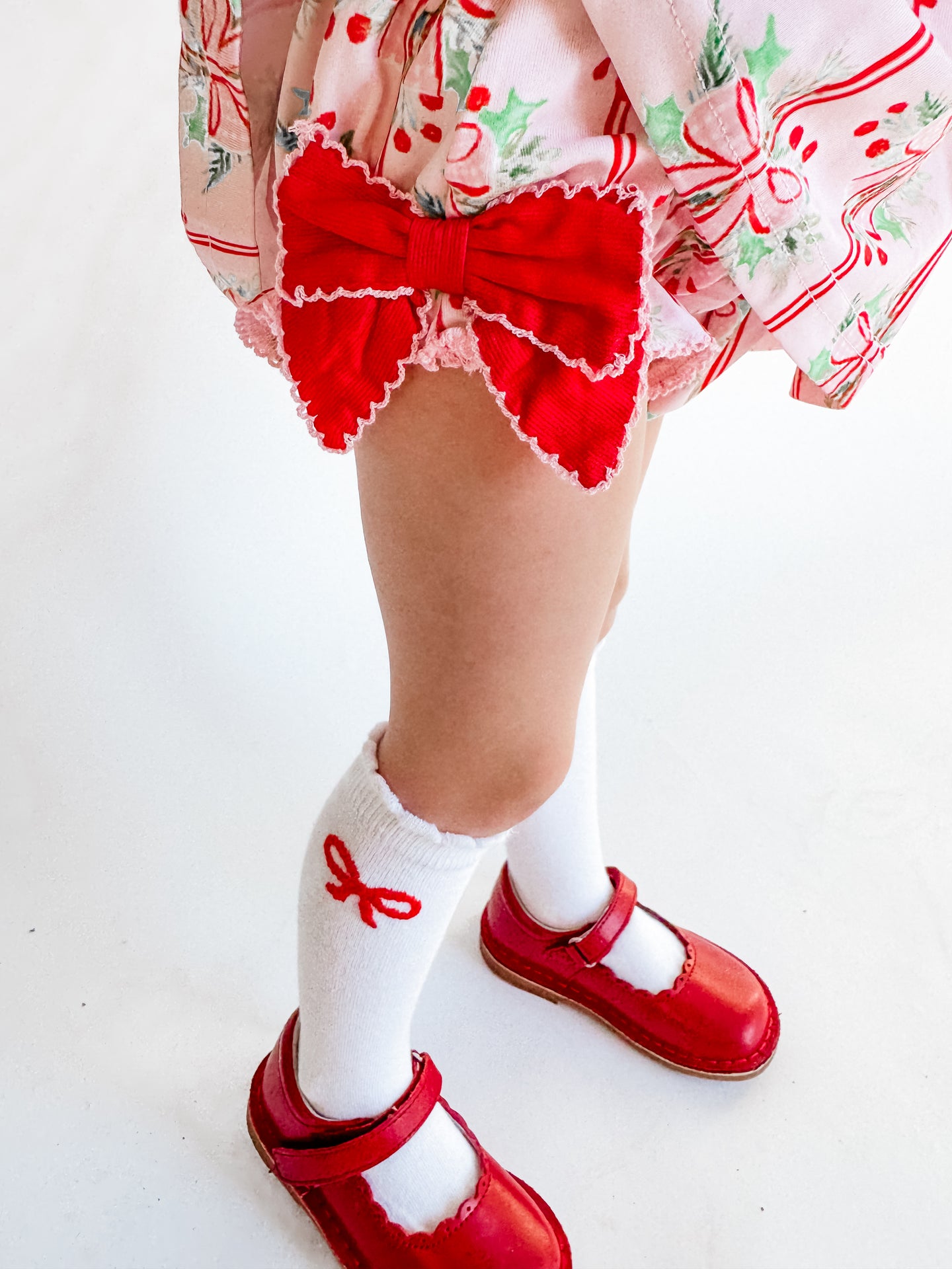 Girls Merry Mistletoe Hand Embroidered Bow Socks