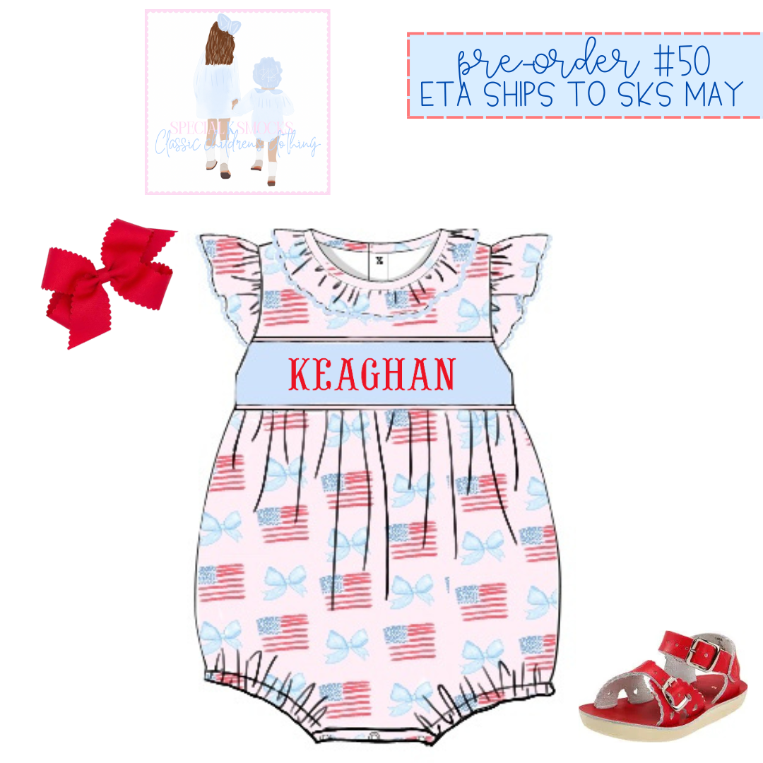 Girls America the Bowtiful Name Smocked Bubble Pre-Order