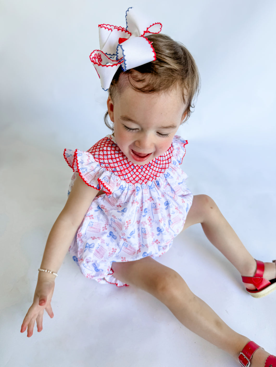 Girls Sweet Stars and Stripes; Watercolor Patriotic Smocked Bubble