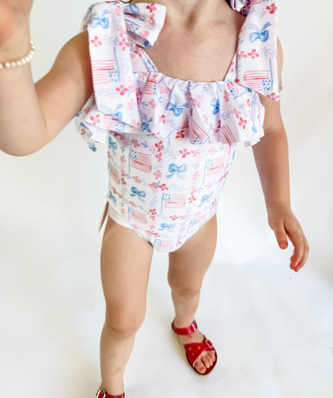 Girls Sweet Stars and Stripes; Patriotic Watercolor Printed One Piece Swim
