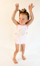 Load image into Gallery viewer, Girls Sideline Squeals; Pink Windowpane Appliqué Football Sunsuit
