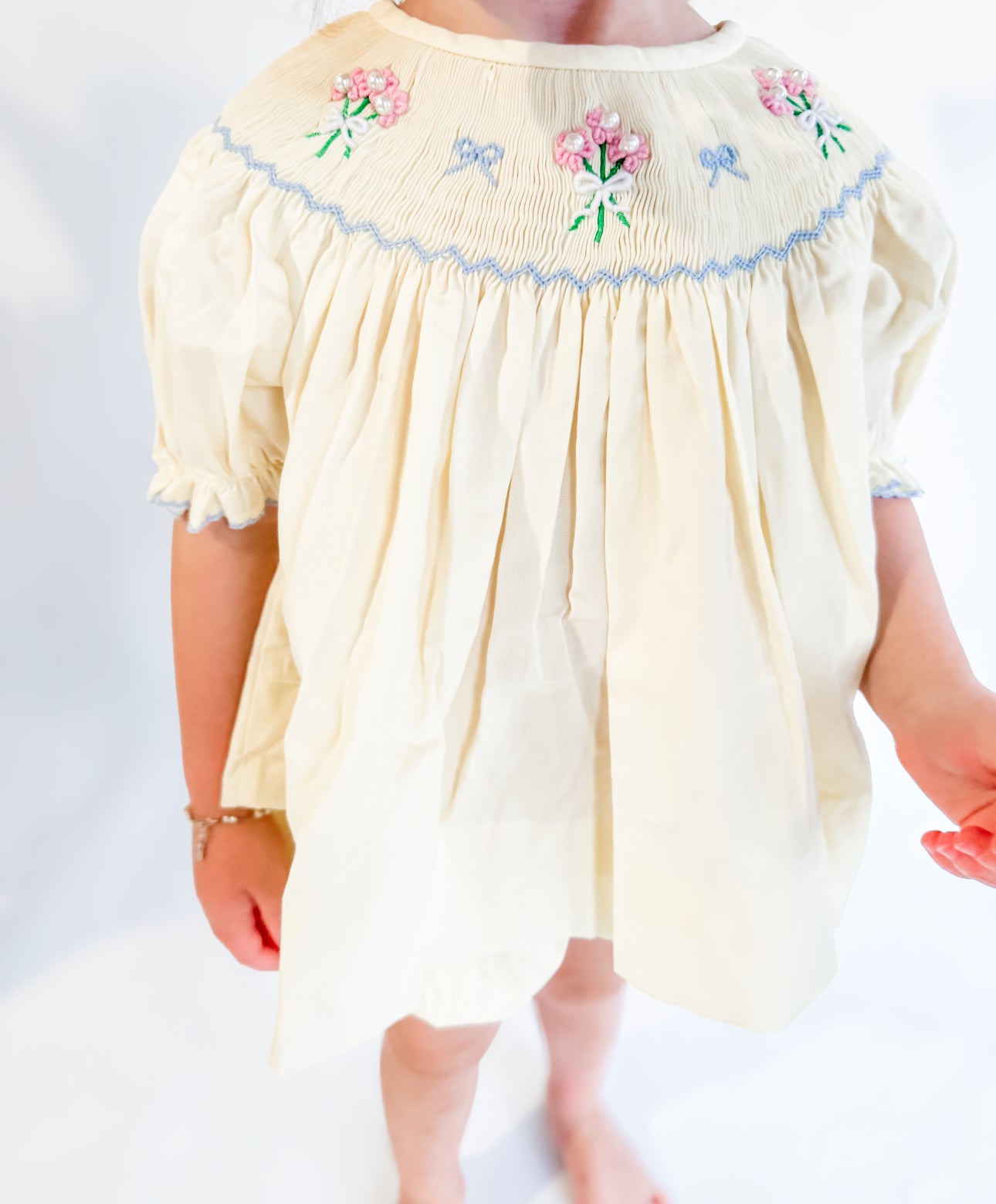 Girls Something Blue; Pale Yellow Smocked Floral Bouquet True Bloomer Set