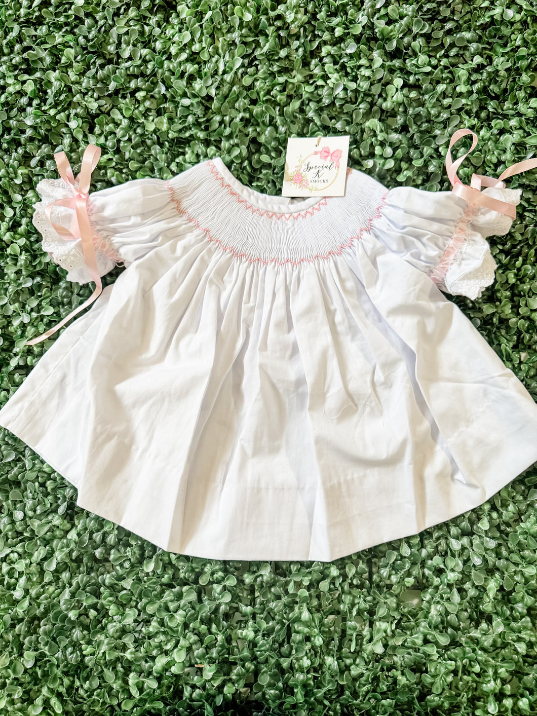 Girls I’m Yours; White w/ Pink Geometric Smocked Dress