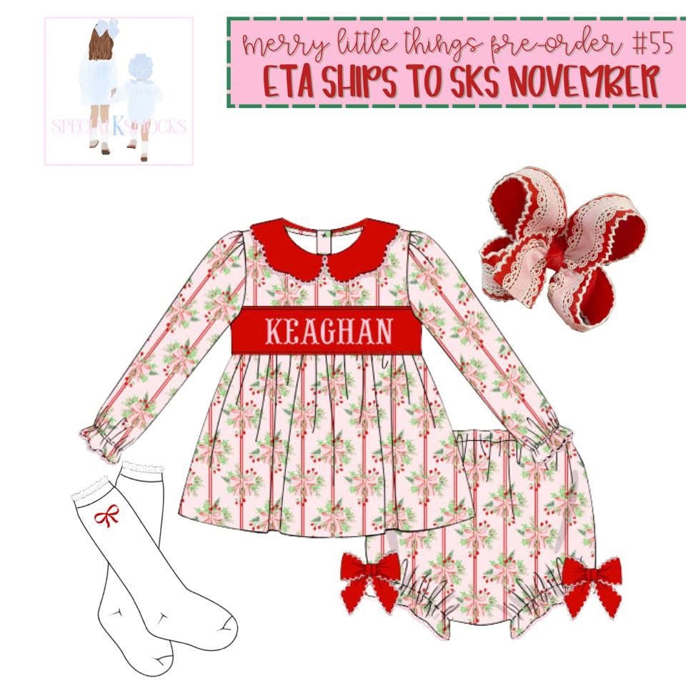 Merry Little Things; Girls Merry Belle Mistletoe Name Smocked Diaper Set Pre-Order
