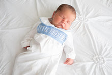 Load image into Gallery viewer, Boys I’m Yours; White w/ Blue Little Brother Smocked Gown
